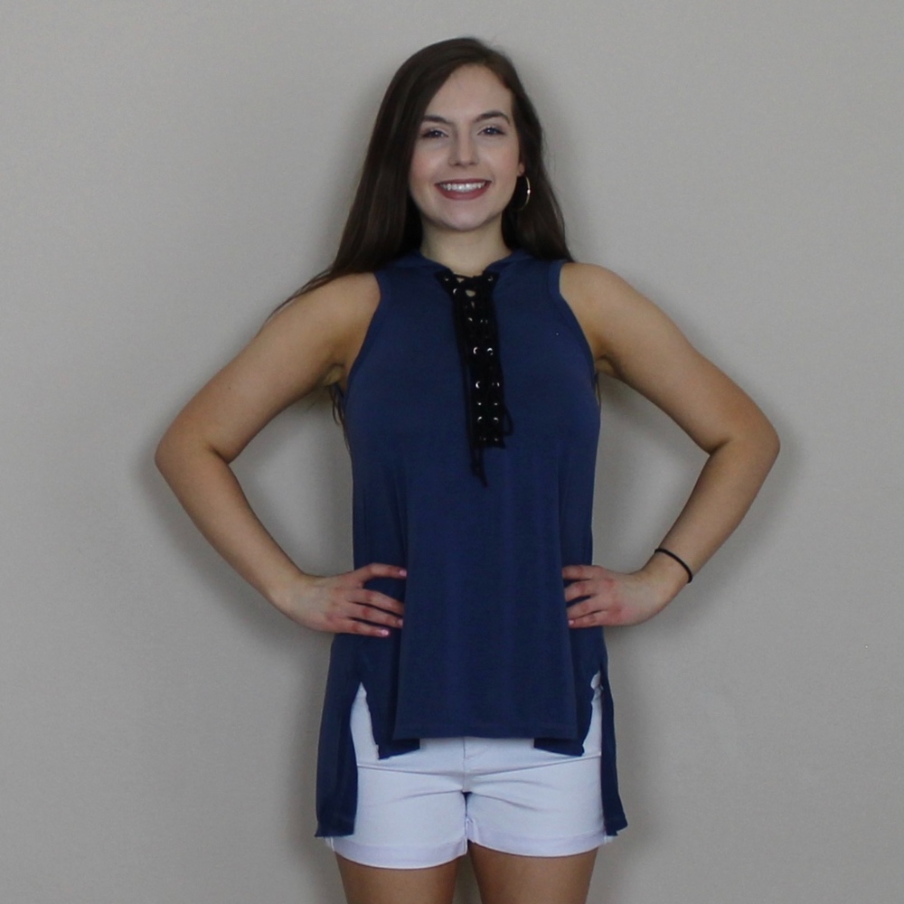 Ultra Soft Lace Up Tank- Navy